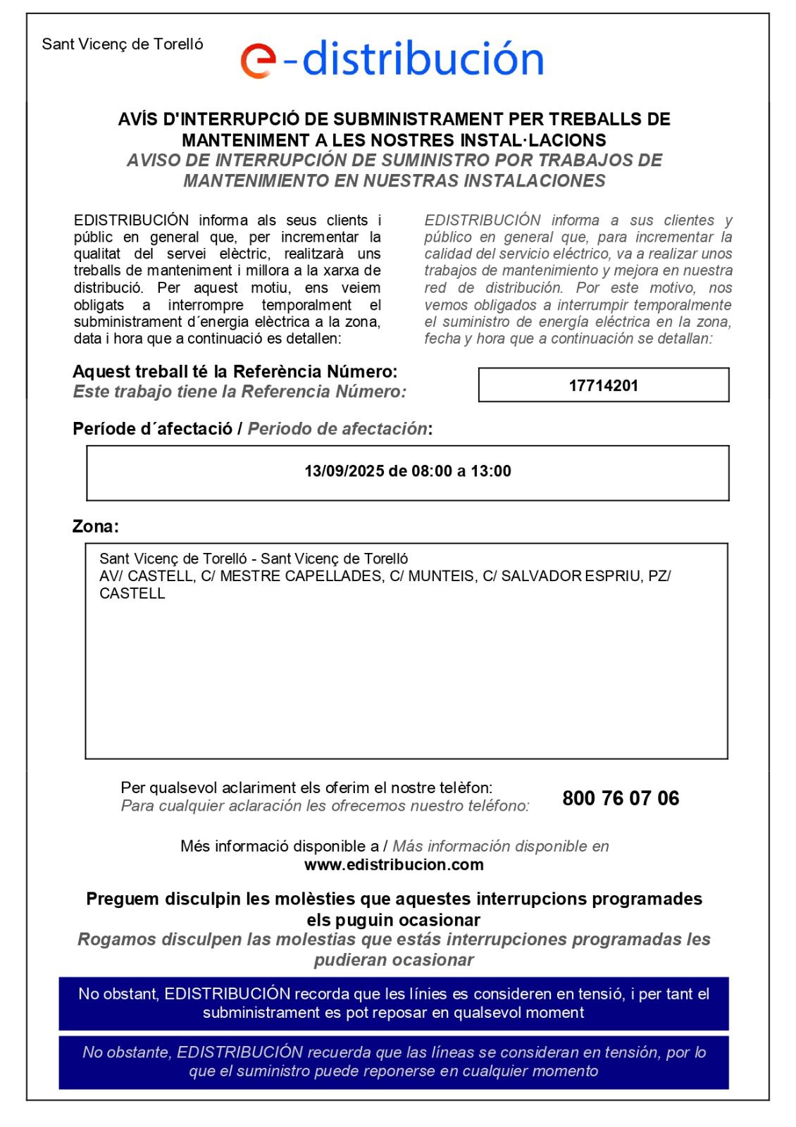 TALL EN EL SUBMINISTRAMENT ELÈCTRIC 