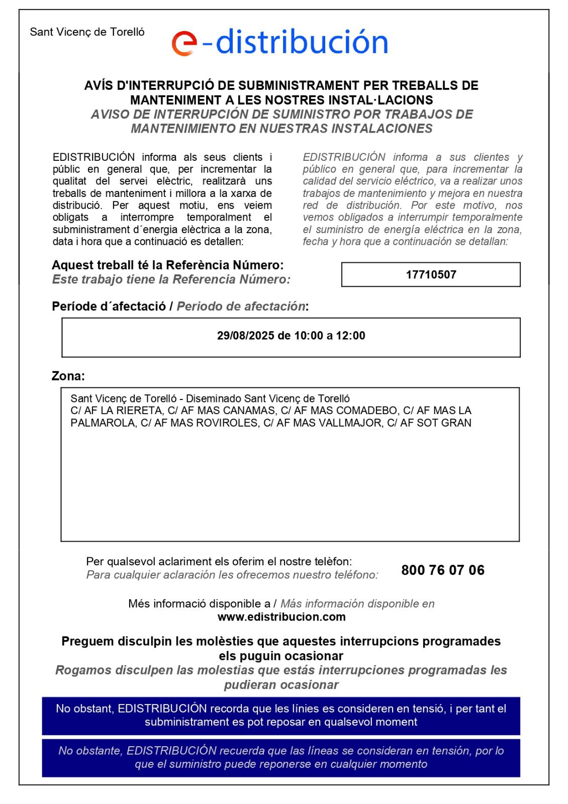 TALLS EN EL SUBMINISTRAMENT ELÈCTRIC